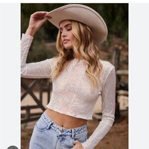 Cropped Sequin White Long Sleeve Top